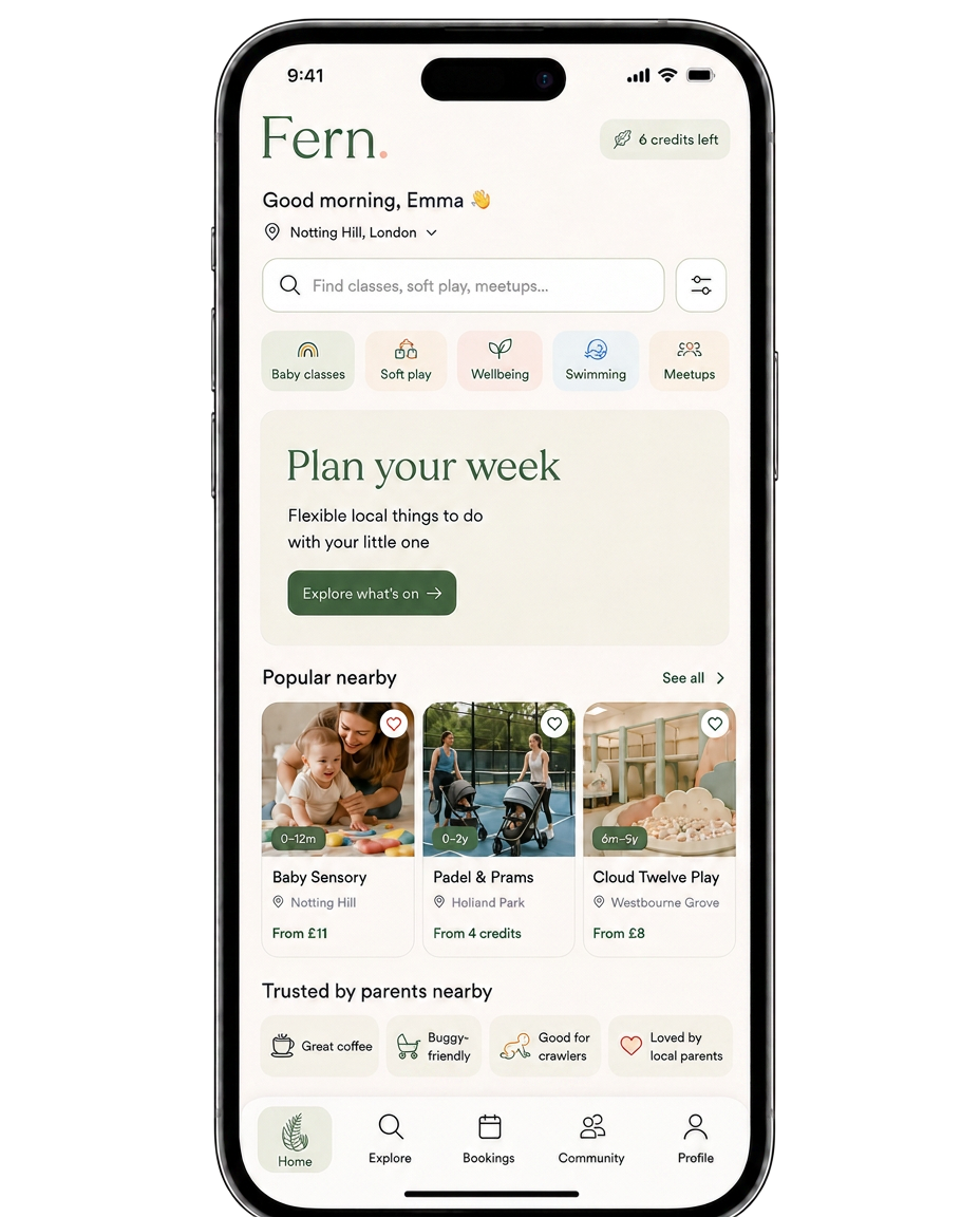 Fern app home screen showing baby classes, soft play, wellbeing, swimming and meetups near Notting Hill