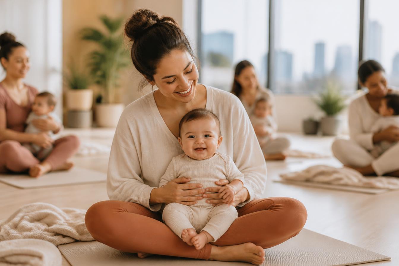 A mother holding her baby at a local parent and baby group class